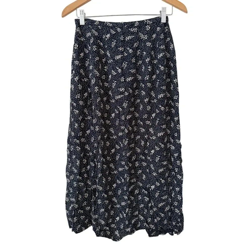 Eddie Bauer Navy Blue Leaf Print Midi Button Skirt Size 8 Vintage Cottage Retro